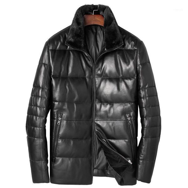 

winter genuine leather jacket men warm sheepskin coat real collar down cotton jackets veste cuir homme 81c71651, Black