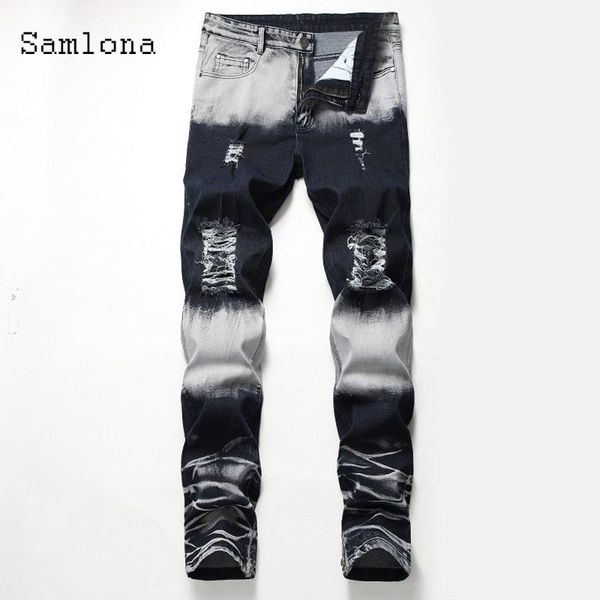 

men's jeans samlona 2021 spring autumn men demin pants slimming bottom pacthwork denim trousers big size fashion hole ripped, Blue