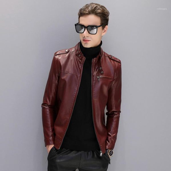 

good quality 2020 autumn and winter new men 's pu stand collar slim jacket1, Black