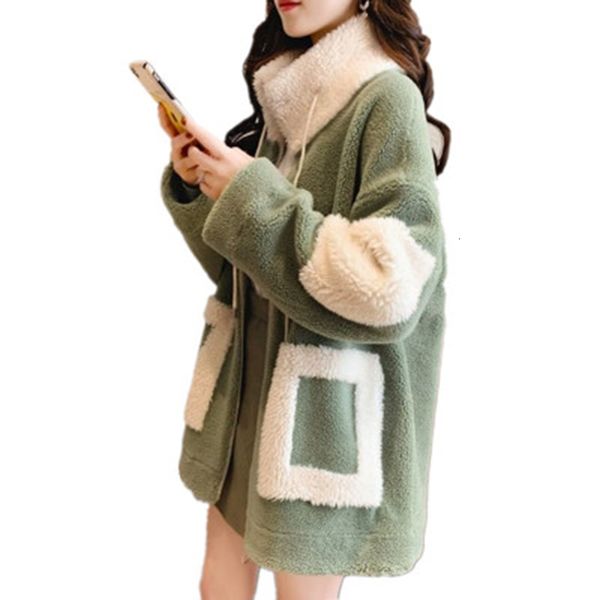 

2021 fall winter thick sclothing plus lamb wool mid-length female overcoat rj7h, Black
