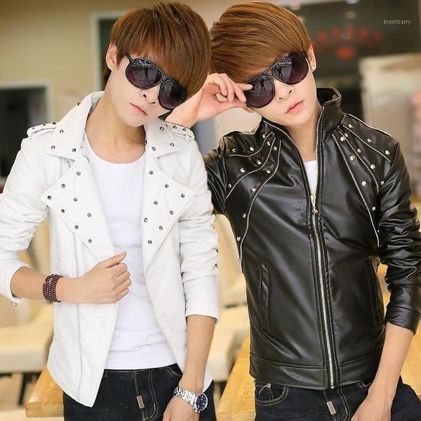 

2020 new autumn men slim rivet turn-down collar motorcycle biker coat pu leather male punk streetwear faux leather jacket k1621, Black