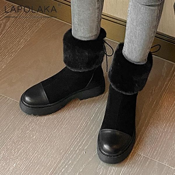 

2021 lapolaka warm plush winter boots woman shoes genuine cow leather bootie black bronw office shoes