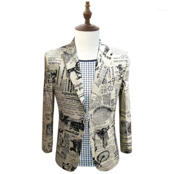 

personality newspaper printing clothes men suits designs masculino homme terno stage costumes singers jacket men blazer dance1, White;black