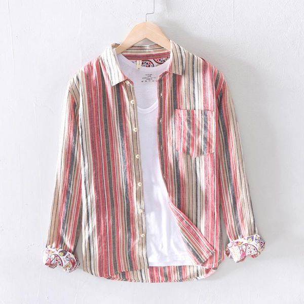

men spring summer fashion japan harajuku simple style high end linen striped shirts male casual double side printed chic shirts1, White;black