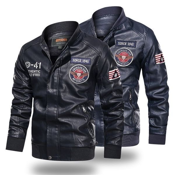 

leather men baseball embroidered pu coats men's faux bomber pilot fleece man stand collar biker jacket coat 201215, Black