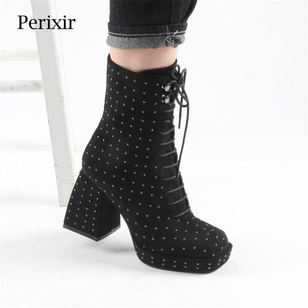

периксир женские ботильонные ботильоны высокие каблуки черные флоки заклепки обувь винтажные блочные каблуки платформы ботинки на молнии жен, Black