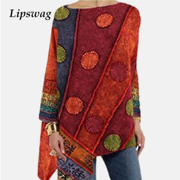 

fashion women pattern print blouses shirts 2020 autumn vintage irregular long sleeves pullover casual ladies o neck blusas1, White