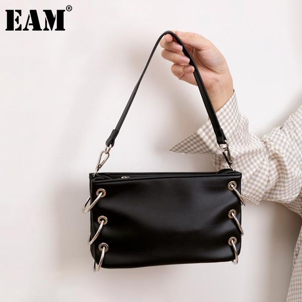 

eam] women new metal ring decoration pu leather flap personality all-match crossbody shoulder bag fashion tide 2020 18a0263