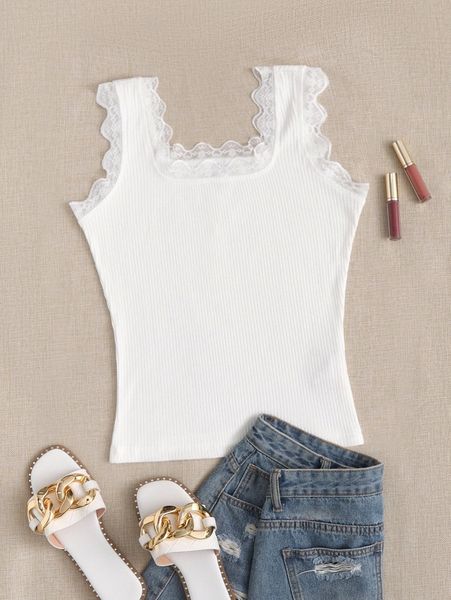 

solid lace trim rib-knit tank w7lu#, White