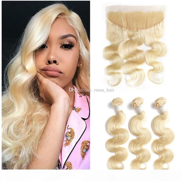 

body wave human hair weaves #613 blonde lace frontal with bundles bleach blonde virgin malaysina hair extensions with lace frontal closure, Black;brown