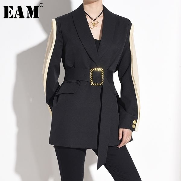 

[eam] women black mesh sittch bandage blazer new lapel long sleeve loose fit jacket fashion tide spring autumn 1a87901 201201, White;black