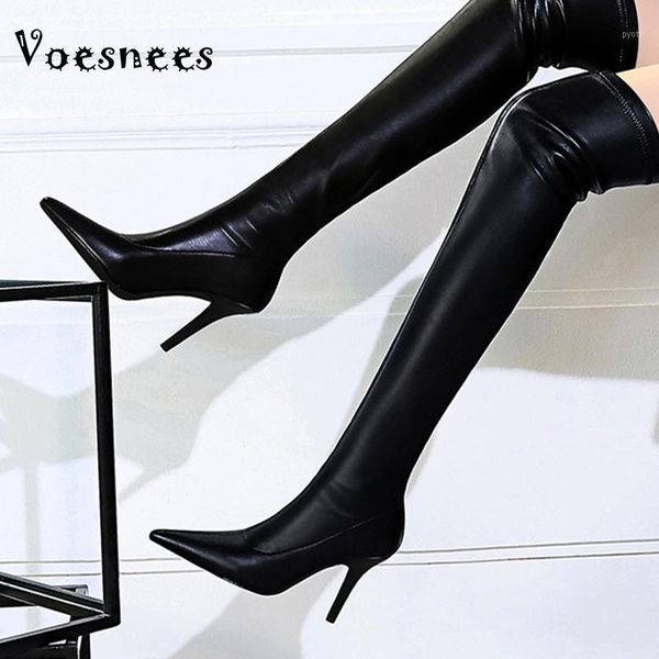 

voesnees 2020 new women's boots fashion pointed stiletto high heels 9.5cm plus velvet high tube over the knee stretch boots1, Black