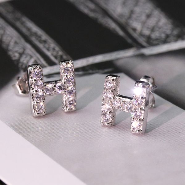 

sterling silver 925 classic popular simple original fashion silver h inlaid zircon ladies earrings jewelry holiday gift, Golden;silver