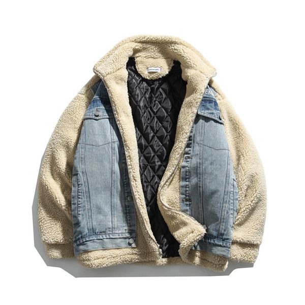 

2021 splicing fashion denim polar seam false fleece two pieces cotton quilted winter clothing leisure hose long coat 53g6, Black