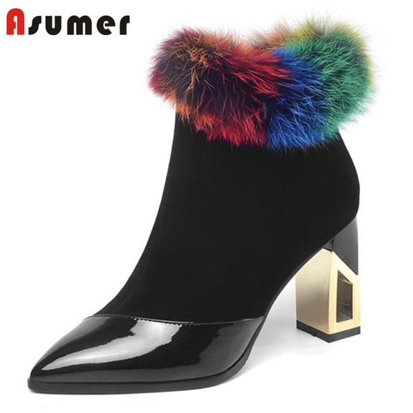 

boots asumer 2021 patent leather ankle zip high heels winter elegant dress party wedding shoes female, Black