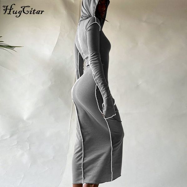 

hugcitar 2020 long sleeve hooded patchwork skinny maxi dress autumn winter women fashion streetwear casual outfits y0118, Black;gray