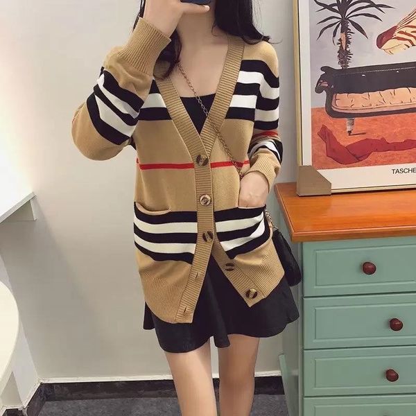 

women's sweaters high version women's knit striped cardigan soft color matching v-neck slimming of knitted sweater jacket women ou, White;black
