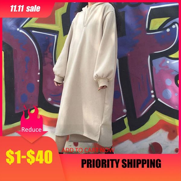 

korean women autumn winter hooded dress pullover thick fleece oversized casual loose maxi long hoodie sweatshirt dresses black, Black;gray