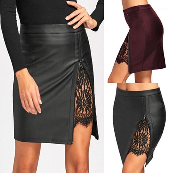 

new arrival leather pencil skirts office lady lace patchwork bodycon leather skirts fashion high waist zipper black1, Black