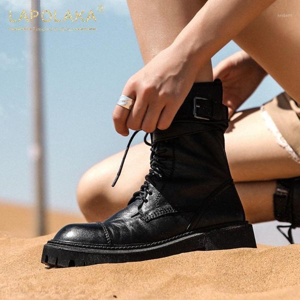 

boots lapolaka 2021 genuine cow leather comfy non slip shoes woman belt buckle zipper low heels booties female1, Black