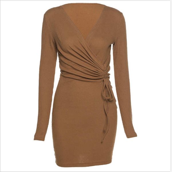 

20 autumn and winter new women's solid color slim high waist bag hip v-neck pleated dress, Black;gray