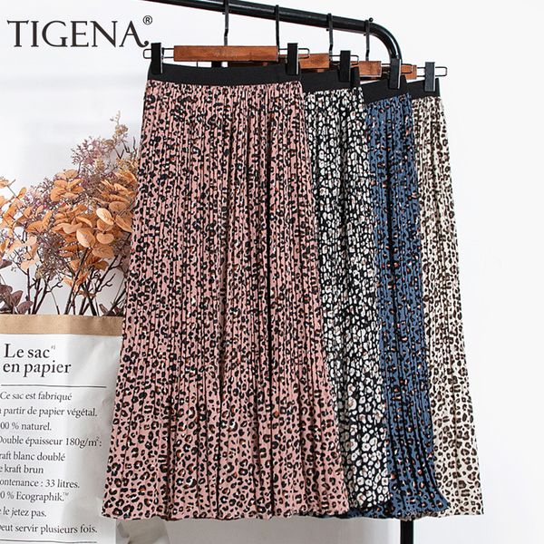 TIGENA New Spring Vintage Leopard Gonna in chiffon Moda donna Stampa foderata Una linea Gonna lunga a pieghe elastica a vita alta Donna Y1214