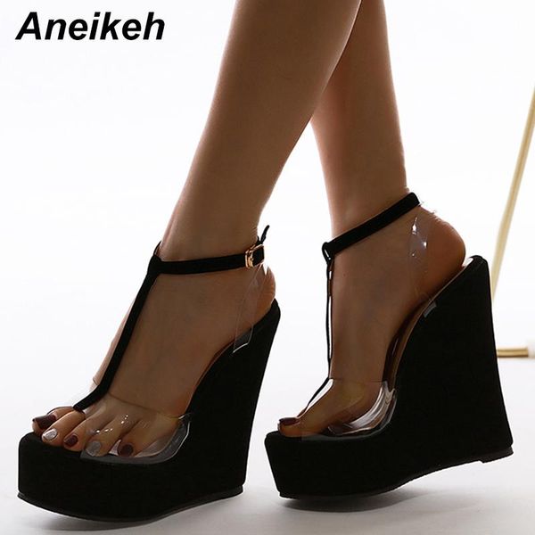 

sandals aneikeh summer women shoes gladiator pvc platform wedges buckle strap back dress black 35~42 round toe