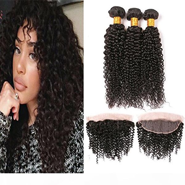 

mongolian human hair kinky curly 3 bundles with 13x4 lace frontal unprocessed human hair wefts with closure virgin hair weave bundles, Black;brown