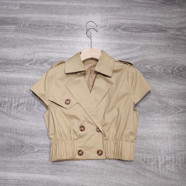

2020 new ladies fashion short sleeve pleated open-waist lapel workwear jacket 07291, Black;brown