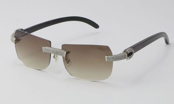 Neues randloses Modell aus schwarzem Büffelhorn mit Mikropavé-Diamant-Sonnenbrille, männlich, weiblich, echte natürliche Sonnenbrille, Dekoration, mehrere Stile, 22V2W