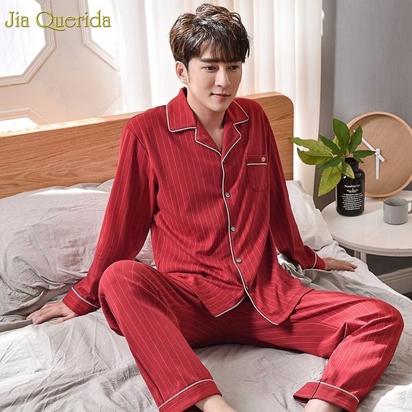 Herren-Baumwoll-Pyjama-Set mit langen Ärmeln, chinesischer roter Pyjama, gestreifter Herren-Pyjama-Set aus 100 % reiner Baumwolle, luxuriöse Heimkleidung für Männer LJ201112
