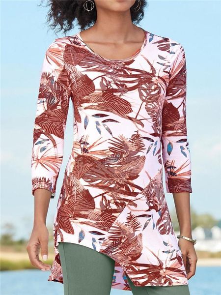 

flower print o neck middle sleeve women's t shirt fashion personality irregular hem mid length section casual ladies tees, White