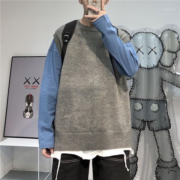 

autumn korean sweater vest men's fashion solid color o-neck knitted pullover men streetwear loose mens vest sweater clothes1, Black;white