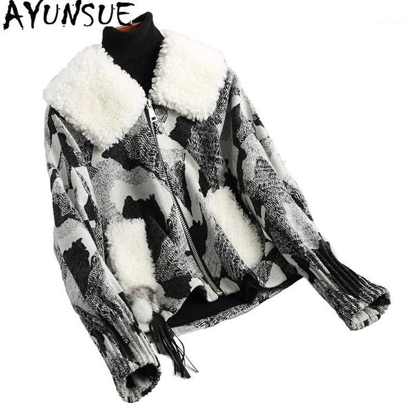 

ayunsue 2020 fashion woolen coats warm tussah silk liner winter coat women natural lamb fur collar jacket outerwear 18017wyq18001, Black