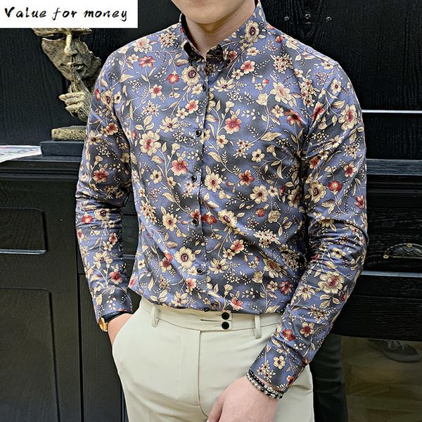 

korean fit slim casual men's social shirts long sleeve night club luxury blouse men -6xl fashion 2020 spring floral shirt men c1212, White;black