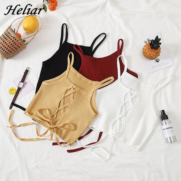 

heliar women crop knitted bandage spaghetti club camis halter tank female bare midriff solid camisole 2020 summer1, White