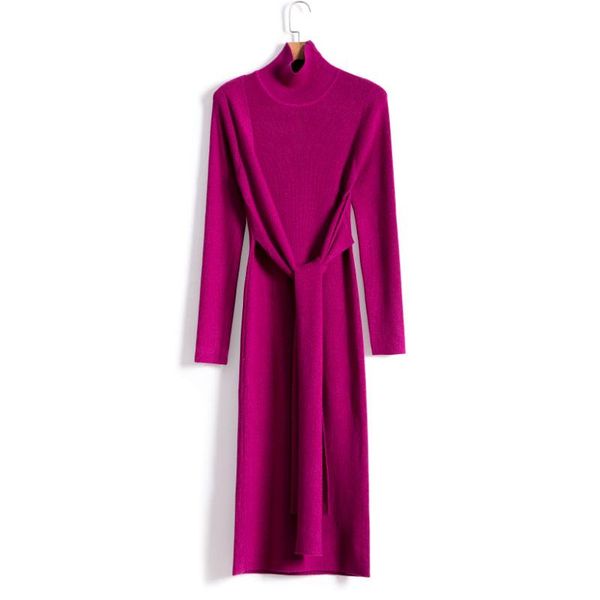 

casual dresses vadim 2021 time-limited dress cashmere female waist ribbon and a high collar long sections slim package hip knit woman, Black;gray