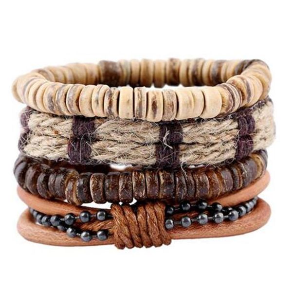 

4pcs/ set braided wrap leather bracelets for men women vintage wooden beads ethnic tribal wristbands bracele sqcblv, Golden;silver