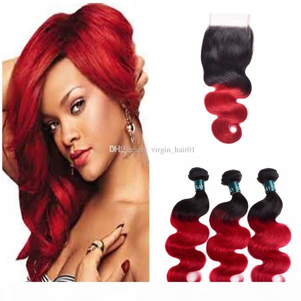 

two tone red hair weaves with lace closure brazilian virgin human hair bundles 3pcs with lace closure body wave ombre human hair weaves, Black;brown