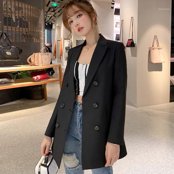 

casual double breasted women blazer jacket notched collar female jackets fashion suits outwear 2020 spring autumn coat1, White;black
