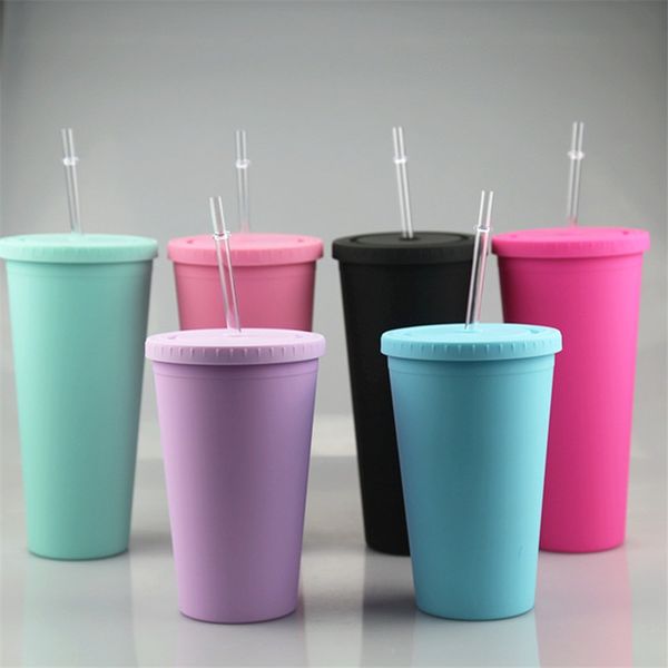 16oz fosco acrílico tumblers com peitas coloridas palhas coloridas Curto gordura de plástico esportes garrafas de água dupla parede água potável copos A12