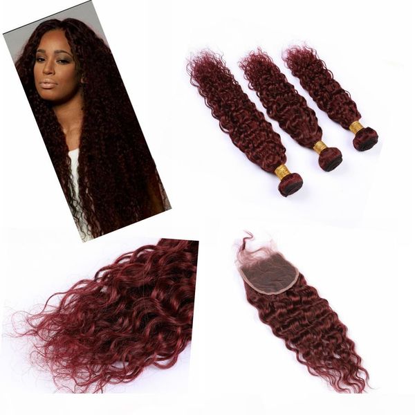 

indian #99j water wave bundles with closure 4" * 4" weaving human hair bundles with closures, Black;brown