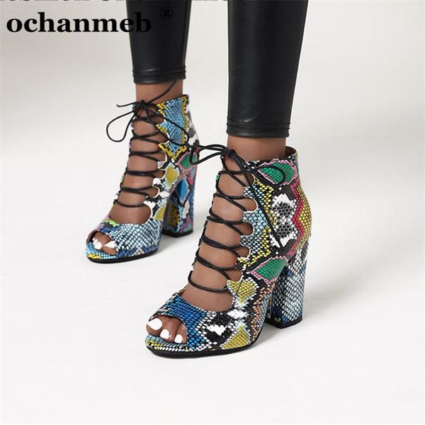

boots ochanmeb women spring summer shoes woman large size 48 peep toe ladies cross strap thick high heels open, Black