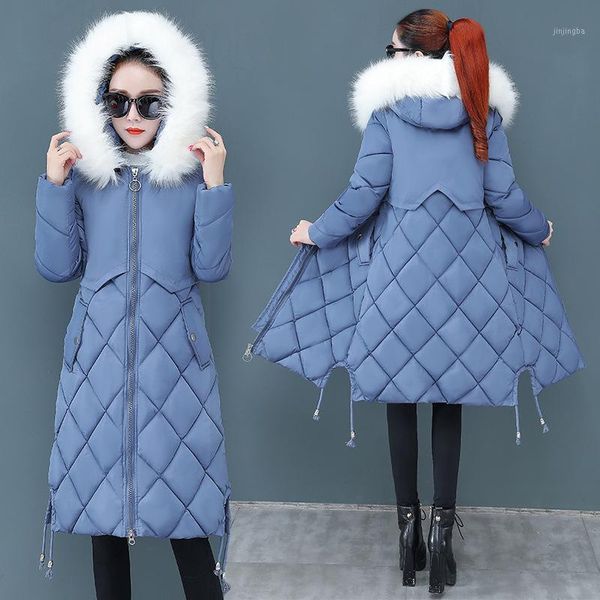 

2020 winter long women coat plus size cotton padded parka solid down cotton jacket fake fur collar female clothing1, Black