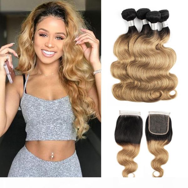 

1b 27 blonde ombre brazilian human hair weave bundles with lace closure 1b 30 2 tone body wave 3 bundles with closure remy hair extensions, Black;brown