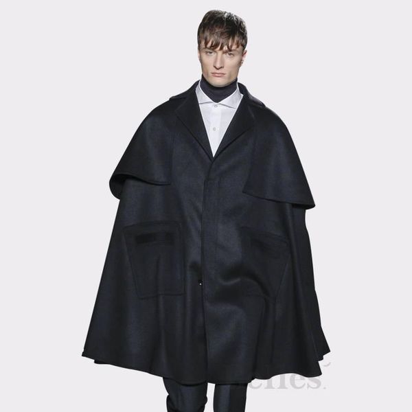 

loose autumn winter fashion show men fake 2 cape cape bat sleeve wool coat1, Black