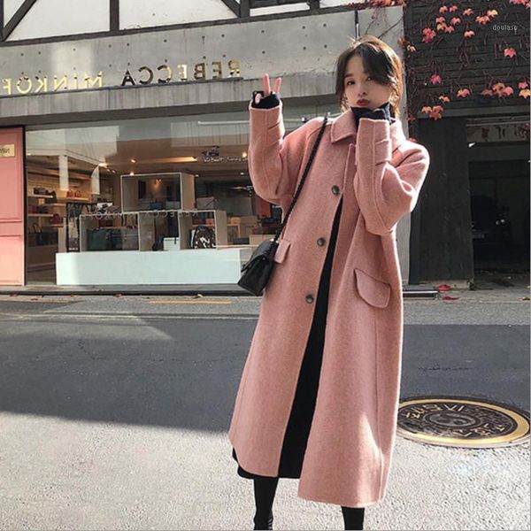 

woolen autumn winter women coats casual warm herringbone coat abrigo mujer blend overcoat long ladies wool pockets new coat 20201, Black