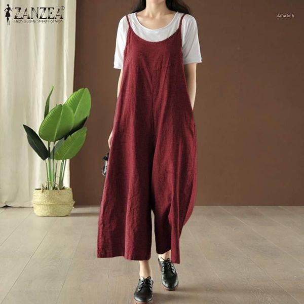 

zanzea women casual loose plaid jumpsuits sleeveless wide leg long playsuits pockets o-neck kaftan holiday rompers plus size 5xl1, Black;white