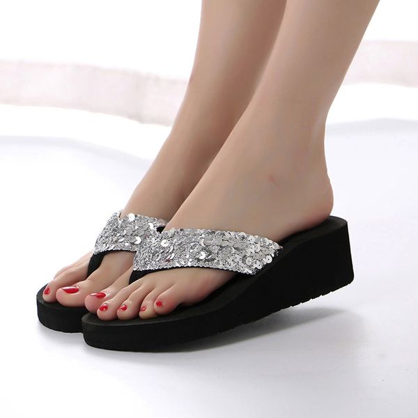 

summer women flip flops casual sequins anti-slip slippers beach flip flat sandals beach open toe shoes for ladies shoes 3, Black