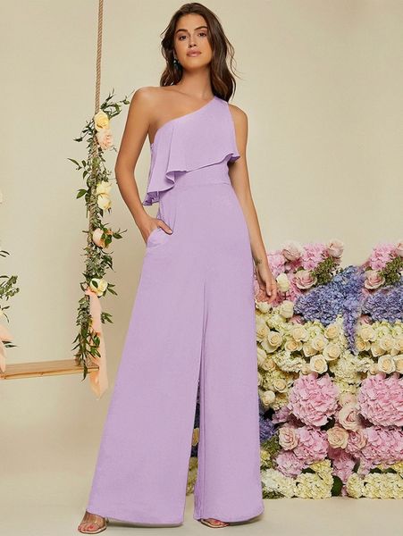 

one shoulder ruffle trim wide leg jumpsuit f5q9#, White